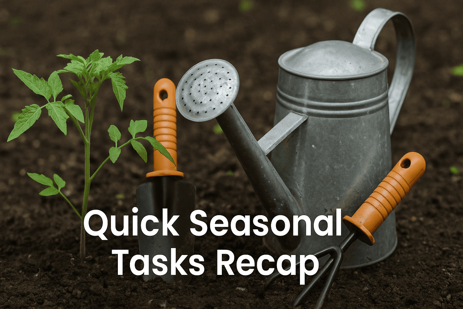 Urban Plant image showing gardening tools and a young tomato plant representing seasonal vegetable gardening tasks in India